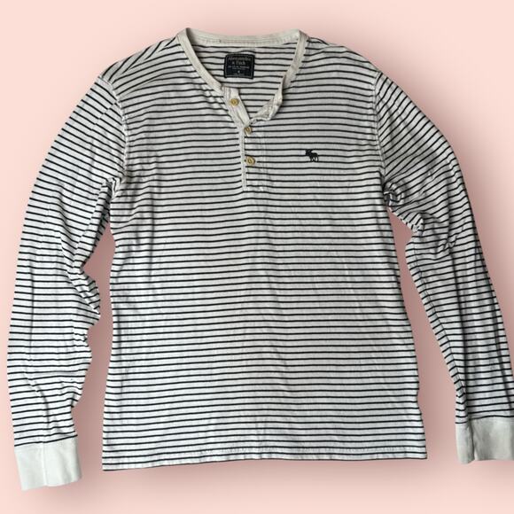 Y2K Abercrombie & Fitch White Striped Moose Logo Henley Mens Medium Grunge Vtg - Picture 1 of 3